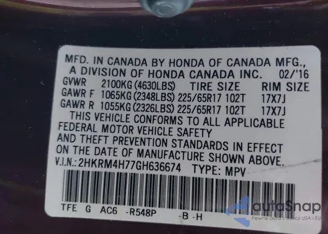 2016 Honda Cr-V Ex-L from USA, damaged, VIN 2HKRM4H77GH636674